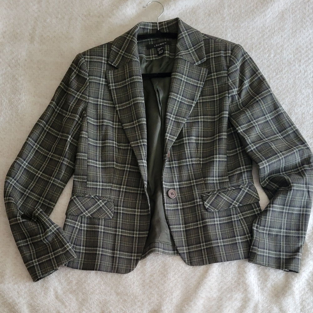 LOUBEN Women's Plaid V-Neck Blazer With Buttons